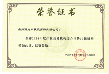 喜訊！貴州陽光產(chǎn)權(quán)交易所獲得2024年度全國產(chǎn)權(quán)交易機(jī)構(gòu)2項(xiàng)30強(qiáng)榮譽(yù)